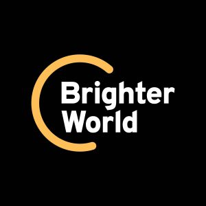 The new Brighter World logo on a black background. The words "Brighter World" is set in white, and the circle element is set in gold.