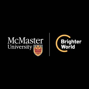 A McMaster and Brighter World logo lock-up set in white on a black background. The McMaster logo is on the left, with "McMaster University in white" and the shield in colour. The Brighter World logo is on the right, with "Brighter World" in white and the circle element in gold. A solid white vertical line separates the two.