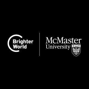 A McMaster and Brighter World logo lock-up set in white on a black background. The McMaster logo is on the right, the Brighter World logo is on the left, and a solid white vertical line separates the two.