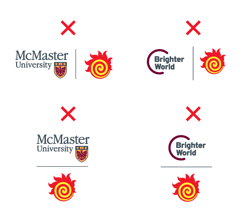 An image showing four incorrect uses of the McMaster logo when placed next to a faculty logo. The faculty logo is the Engineering fireball.