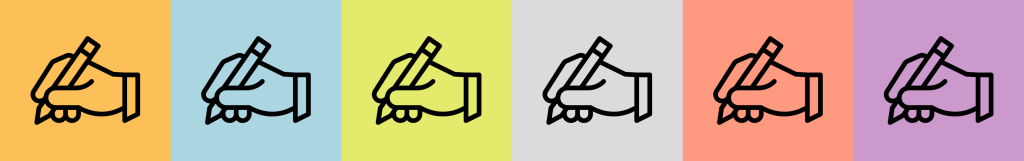 Six black outlined icons of a hand holding a pen on various colourful backgrounds. The first icon is gold, the second is blue, the third is green, the fourth is grey, the fifth is pink, and the sixth is purple.