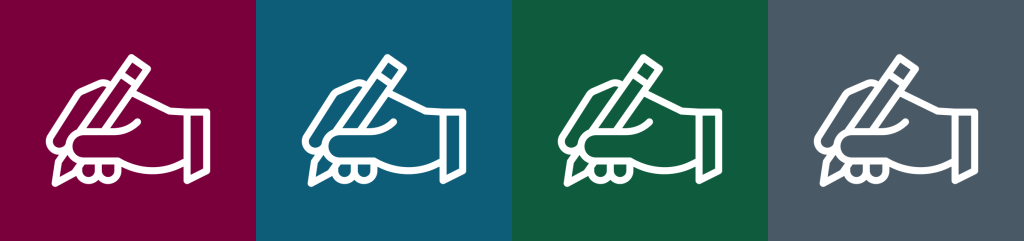Four white outlined icons of a hand holding a pen on a coloured backgrounds. The first icon is on a maroon background, the second is on a blue background, the third is on a grey background, and the fourth is on a green background.