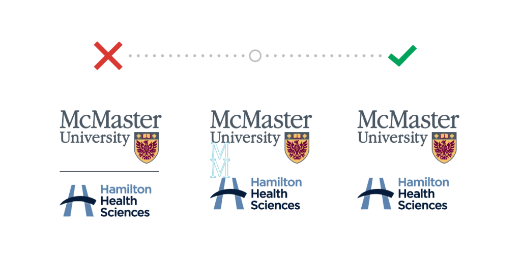 A visual example showing the incorrect and correct way to lock up a partner logo vertically. In the incorrect version, a solid vertical line separates the partner logo, on the bottom, from the McMaster logo on top. In the correct version, there is no line between the two logos. The McMaster logo sits on top and the partner logo sits underneath is.