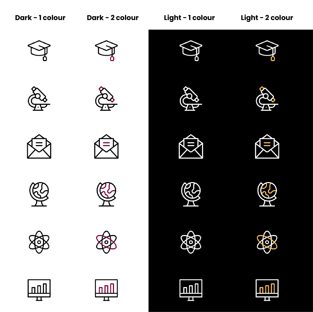 A visual example showing various brand icons. The icons include a graduation cap, a microscope, a letter, a globe, a sign for atoms, and a computer showing a bar graph. The first column shows the icons outlined in black on a white background. The second column shows the icons outlined in black and maroon on a white background. The third column shows the icons outlined in white on a black background. The fourth column shows the icons outlined in white and gold on a black background.