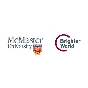 A lock-up of the McMaster and Brighter World logos. The McMaster logo is on the left and the Brighter World logo is on the right, with a solid vertical line separating the two.