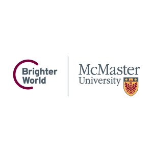 A lock-up of the McMaster and Brighter World logos. The McMaster logo is on the right and the Brighter World logo is on the left, with a solid vertical line separating the two.