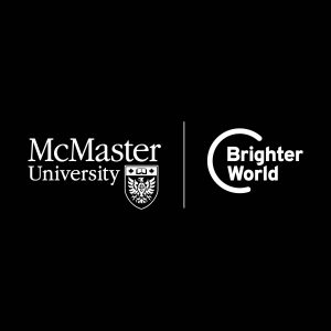 A McMaster and Brighter World logo lock-up set in white on a black background. The McMaster logo is on the left, the Brighter World logo is on the right, and a solid white vertical line separates the two.
