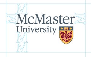 A standard version of the McMaster logo with blue guides to show how much space to leave on all sides. 