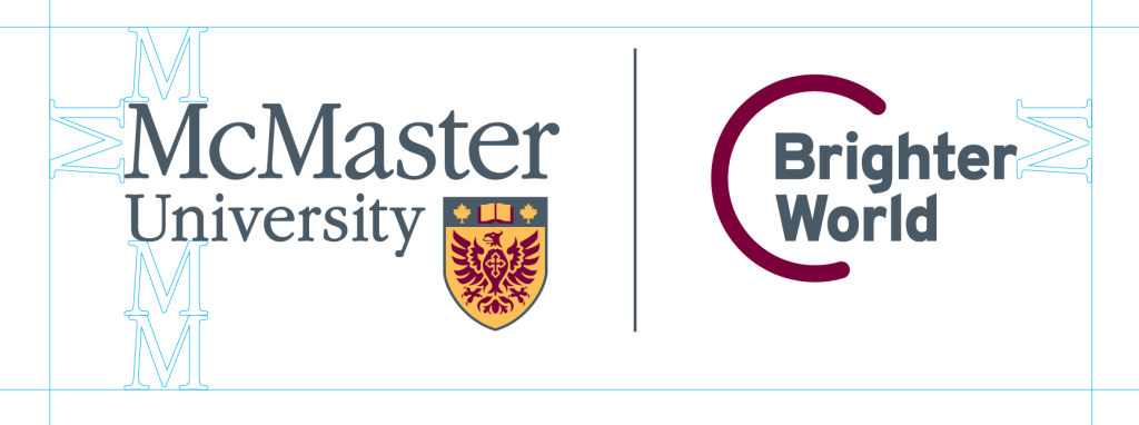 A visual example showing the proper way to lock up the McMaster and Brighter World logos. Blue guides show how much space is required between each element.