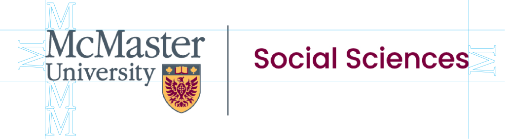A visual example showing a McMaster logo lockup with a faculty logo. The McMaster logo is placed on the left and the Faculty of Social Sciences logo is placed on the right with a solid vertical line separating them. On all sides of the logos, there are blue grids showing proper spacing requirements.