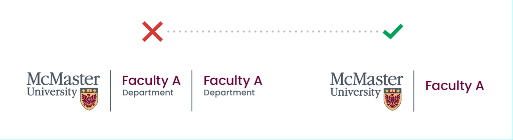 A visual example showing the incorrect and correct way to lock up a McMaster logo with one faculty. In the incorrect version, the faculties are listed horizontally with solid black lines dividing them. In the correct version, the McMaster logo is placed on the left, a solid black divider is placed in the middle, and the faculty name is stacked vertically on the right.