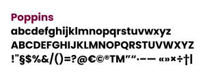 A visual demonstration of the letters, numbers and symbols included in the Poppins font.