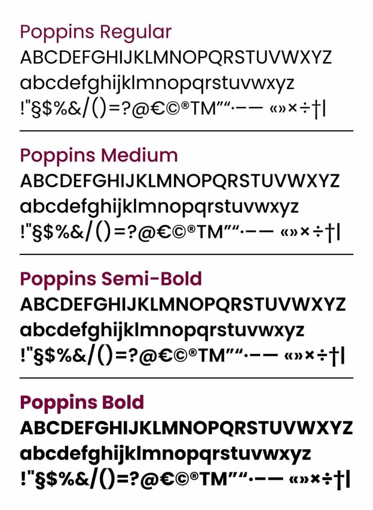 A visual demonstration of the letters, numbers and symbols included in the Poppins font. This image highlights what these look like in regular typeface, as well as medium, semi-bold and bold.