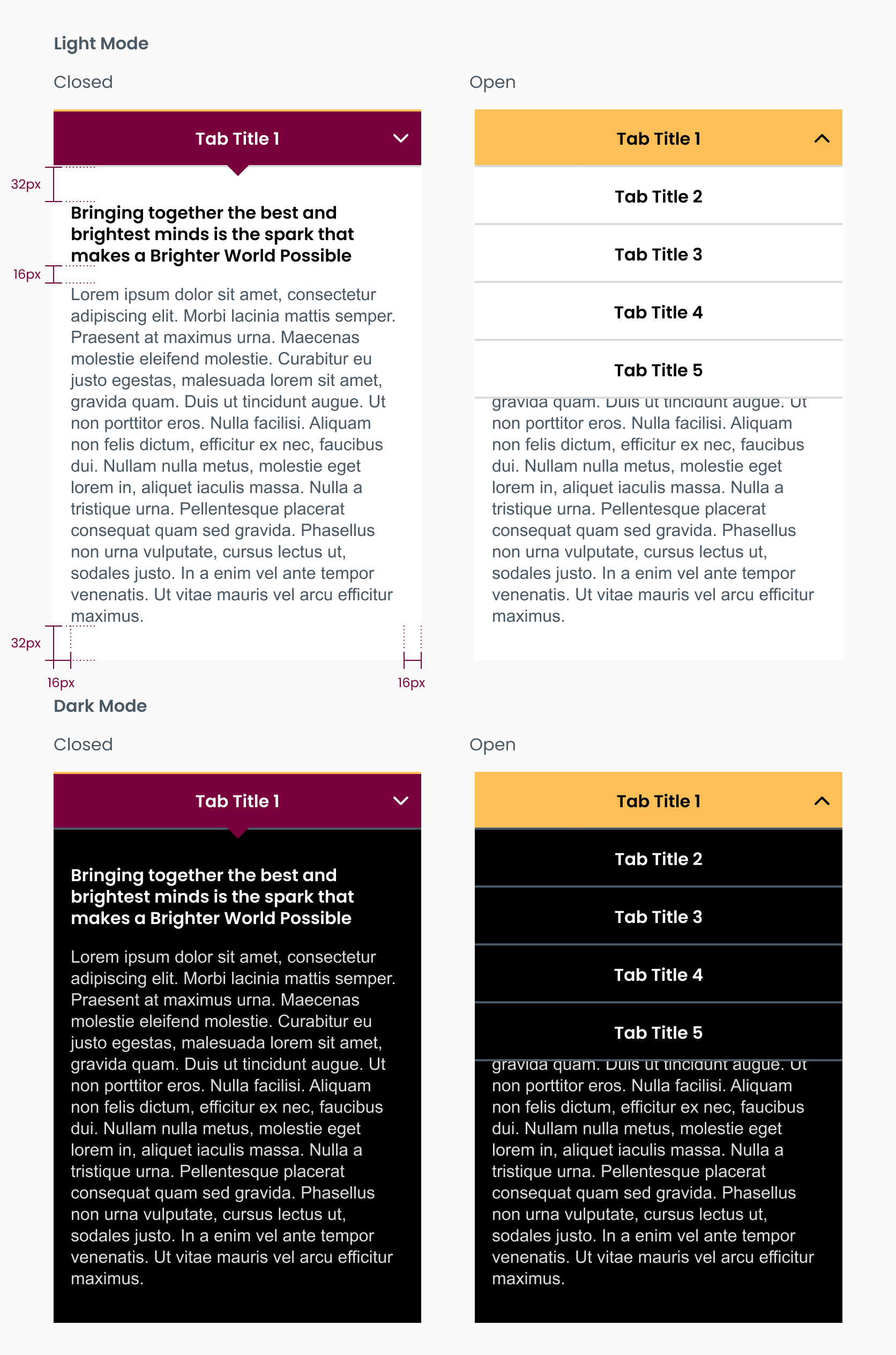A diagram showing how tabs look in light and dark mode on mobile. mobile tabs: 32px of spacing between tab title and content of tab, 16px of space between content header and content body, 32px between content body and edge of screen, 16px left and right margins