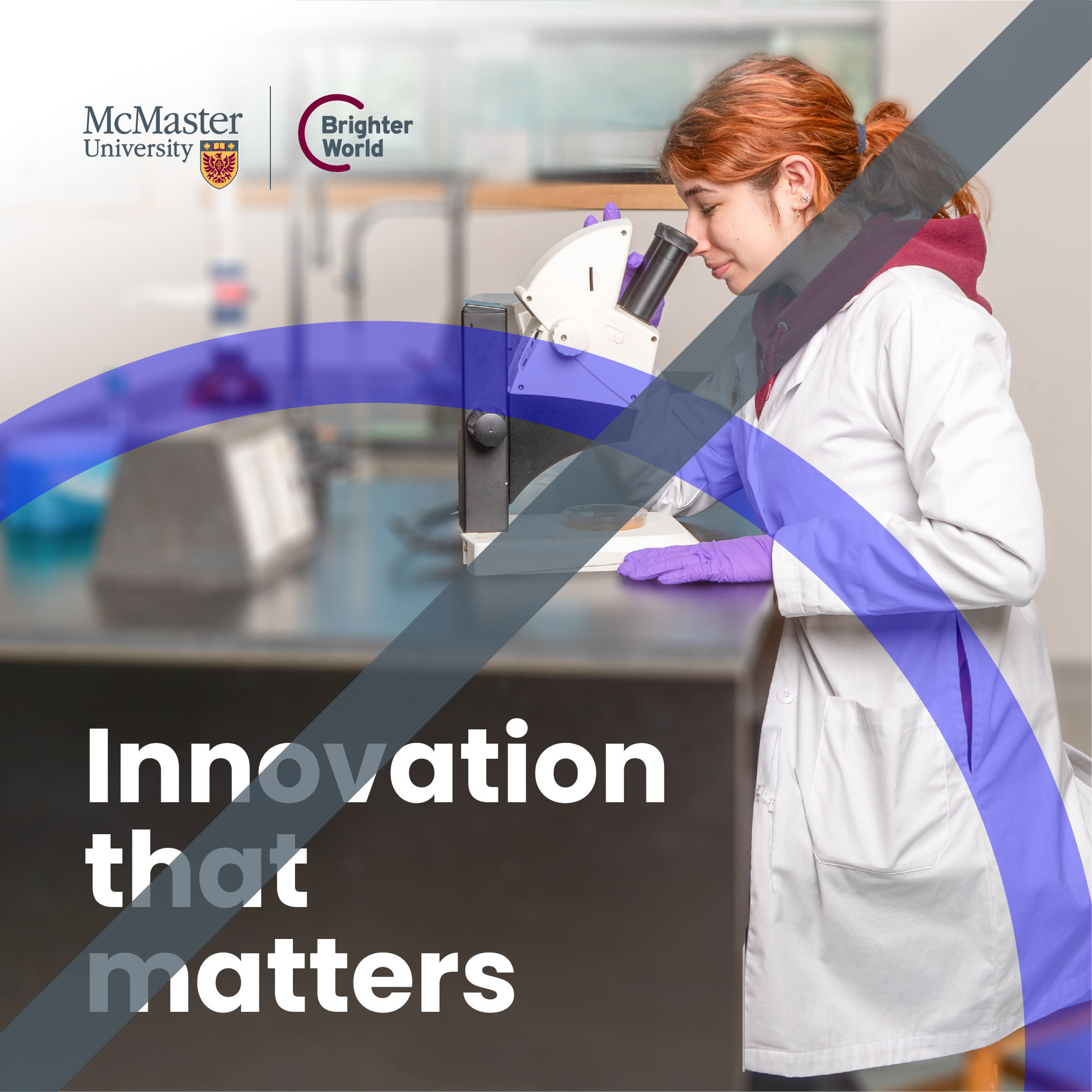 A visual example of what not to do with the circle element. A photo of a student looking into a microscope. The copy says "Innovation that matters." There is a transparent purple circle that highlights the copy. In the top left corner, there is a McMaster and Brighter World logo lockup. Through the image, there is a solid grey line from the top right corner to the bottom left indicating that the creative is not on brand. 