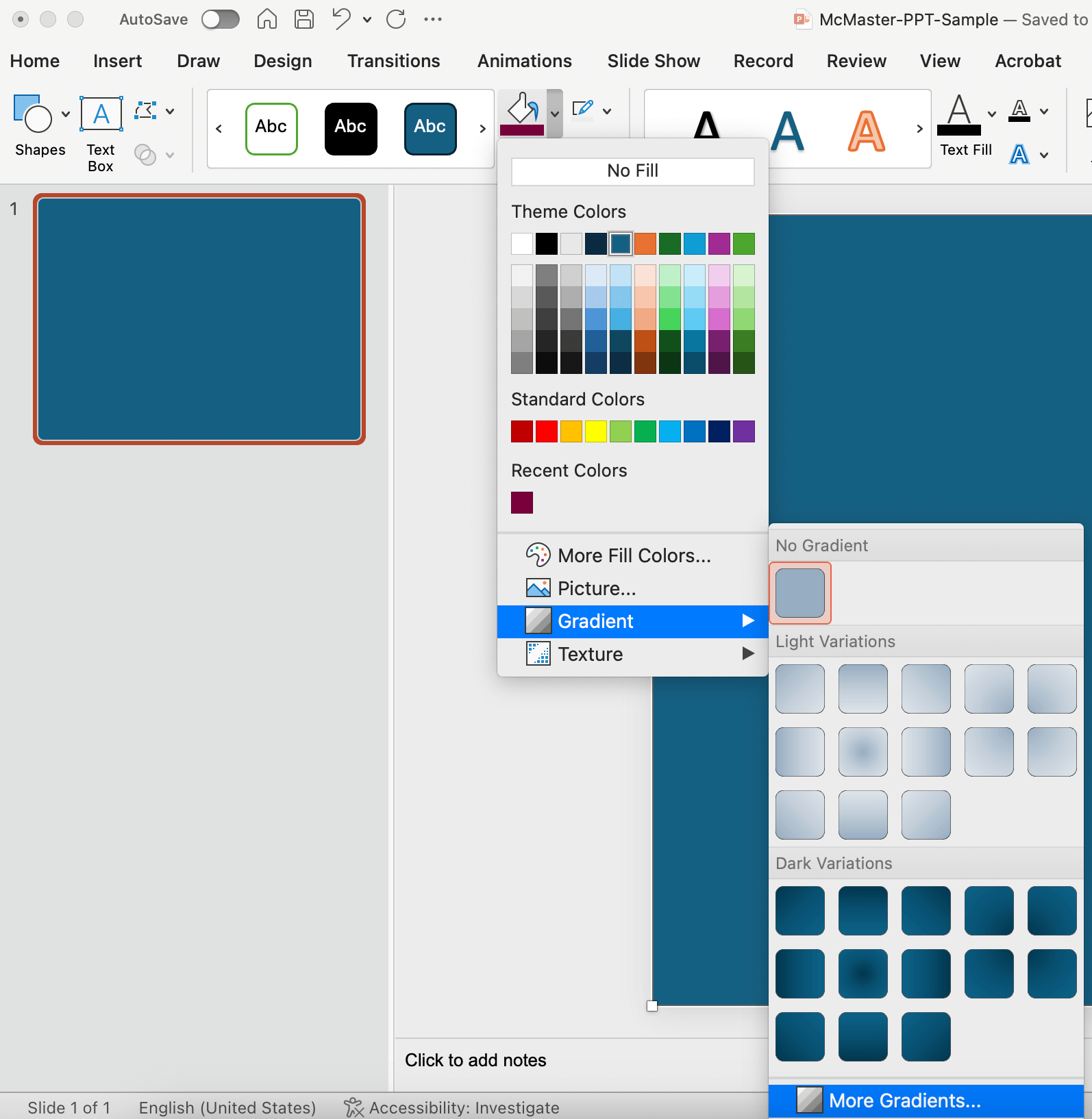 A screenshot showing the gradient tool in PowerPoint. 