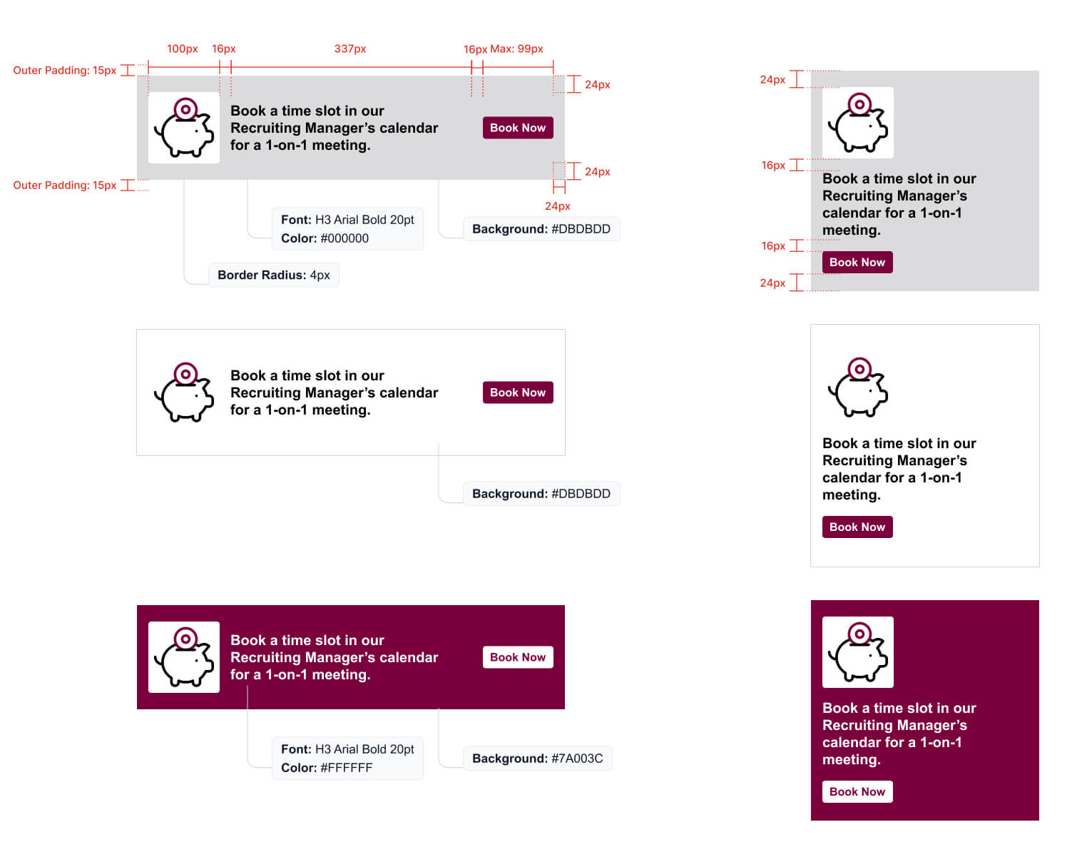 Three examples on both desktop and mobile of an icon and text CTA banner are showcased in grey/maroon, white/maroon, and maroon/white on both desktop and mobile. 