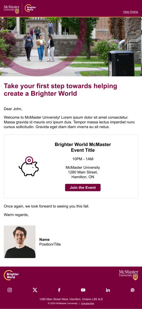 An example of an McMaster email inviting someone to an event