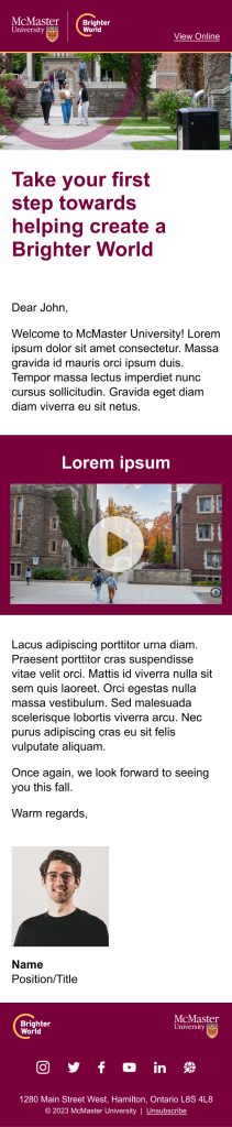 An example of a McMaster branded email featuring a video in a mobile layout.