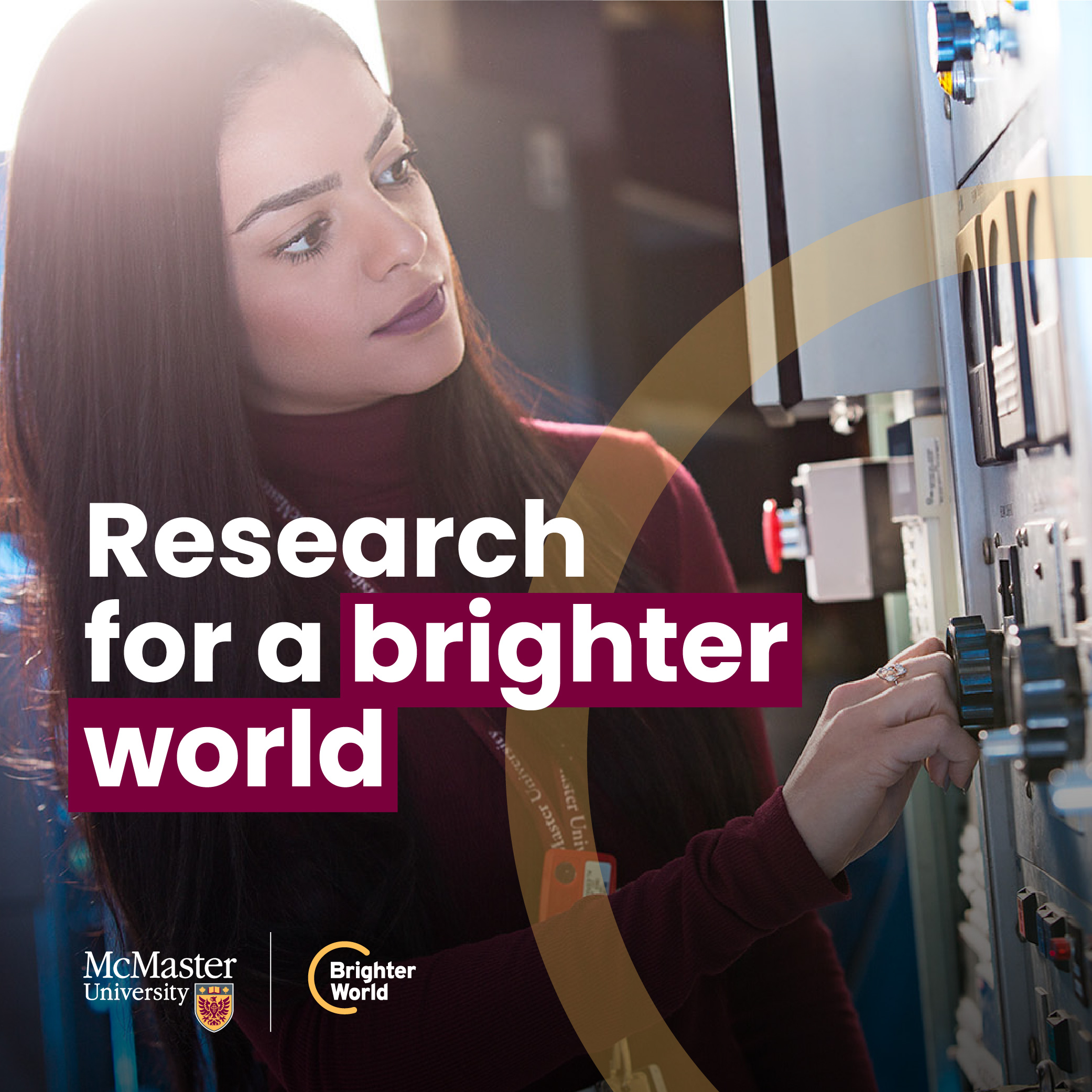 A graphic demonstrating the correct use of the circle element. A student pressed buttons on a machine. A transparent gold circle is placed around the machine. The text reads "Research for a brighter world." There is a McMaster and Brighter World logo in the bottom left hand corner.