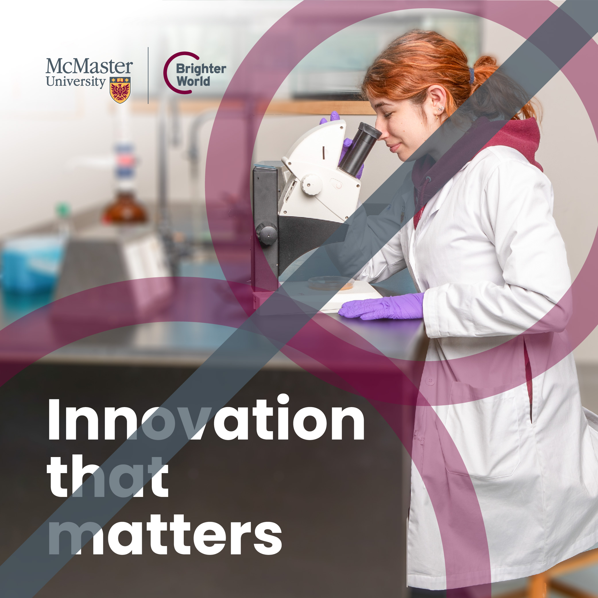 A graphic demonstrating an incorrect use of the circle element. A student stands at a desk, observing samples under a microscope. Two overlapping transparent maroon circle are placed around the student and the text. The text reads "Innovation that matters." There is a McMaster logo and a Brighter World logo in the top left hand corner. A solid grey line intersects the photo, indicating that there should not be two circles in one creative. 