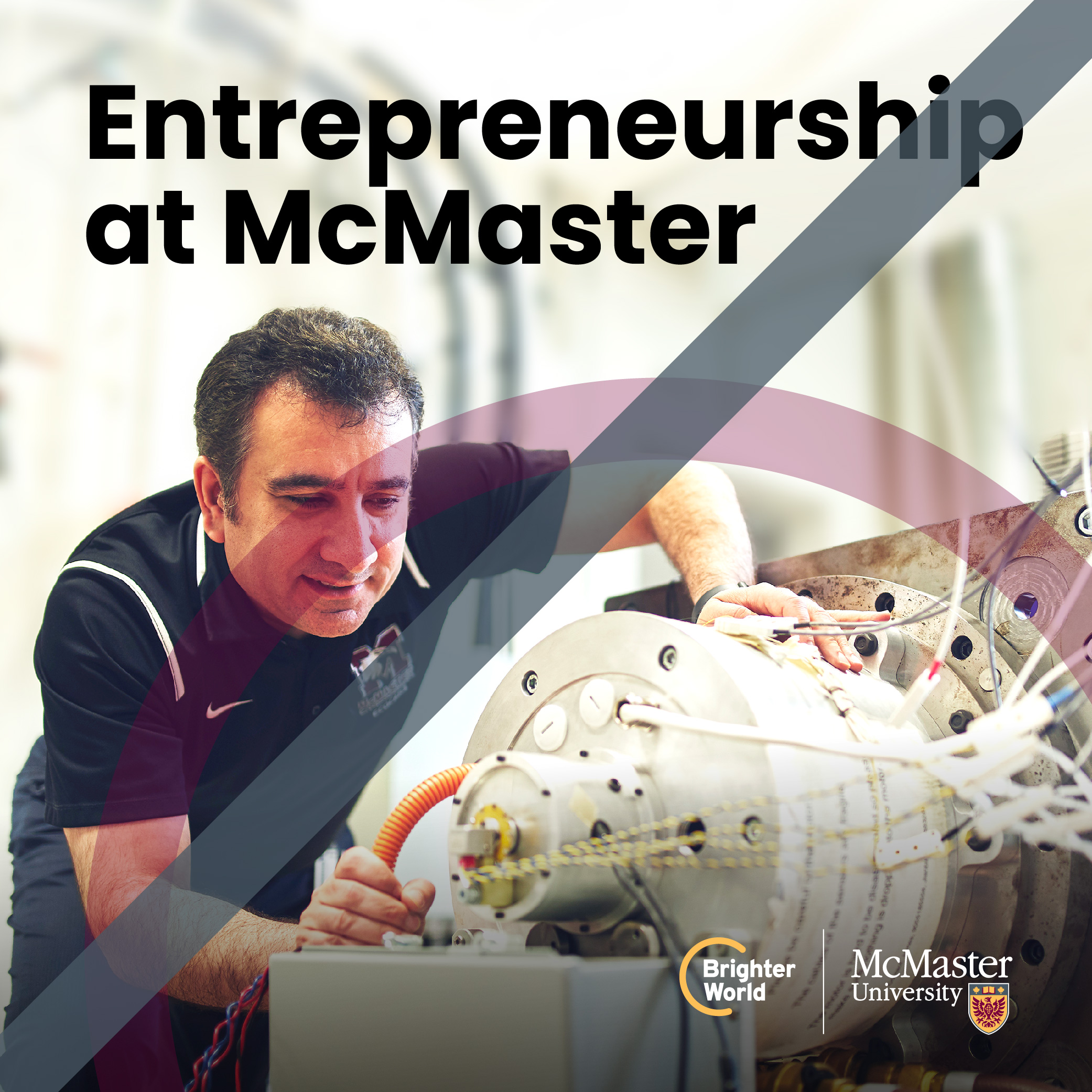 A graphic showing the incorrect use of the circle element. A researcher studies a car motor. The text reads "Entrepreneurship at McMaster." The Brighter World and McMaster logos are placed in the bottom right hand corner. The circle is placed over the researcher's face. A solid grey line intersects the image, indicating that the circle should not cover the researcher's face. 