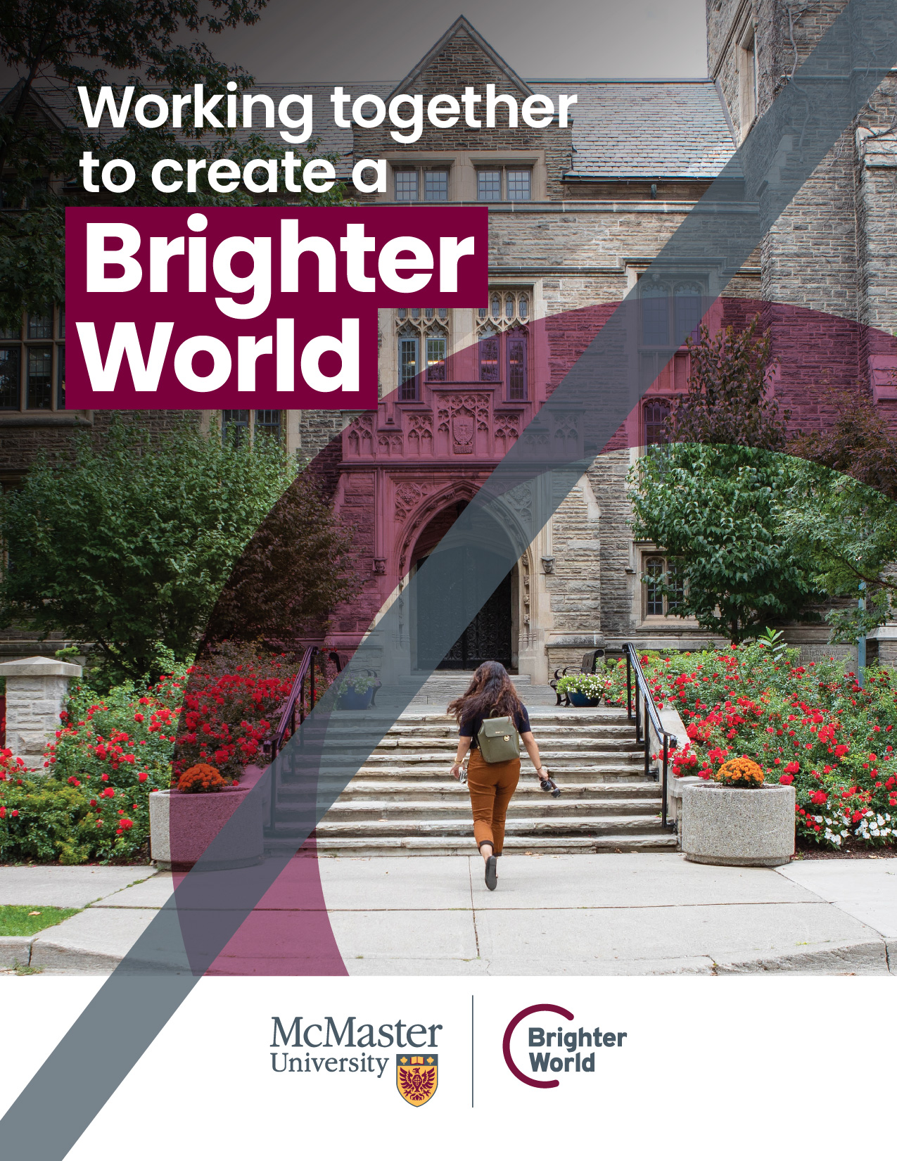 A graphic showing the incorrect use of the circle element. A student walks up the stairs of University Hall. A very thick transparent maroon circle is placed around her. The text reads "Working together to create a Brighter World." The McMaster and Brighter World logos are placed on a white footer. There is a grey line that intersects the image, indicating that the maroon circle is too thick.