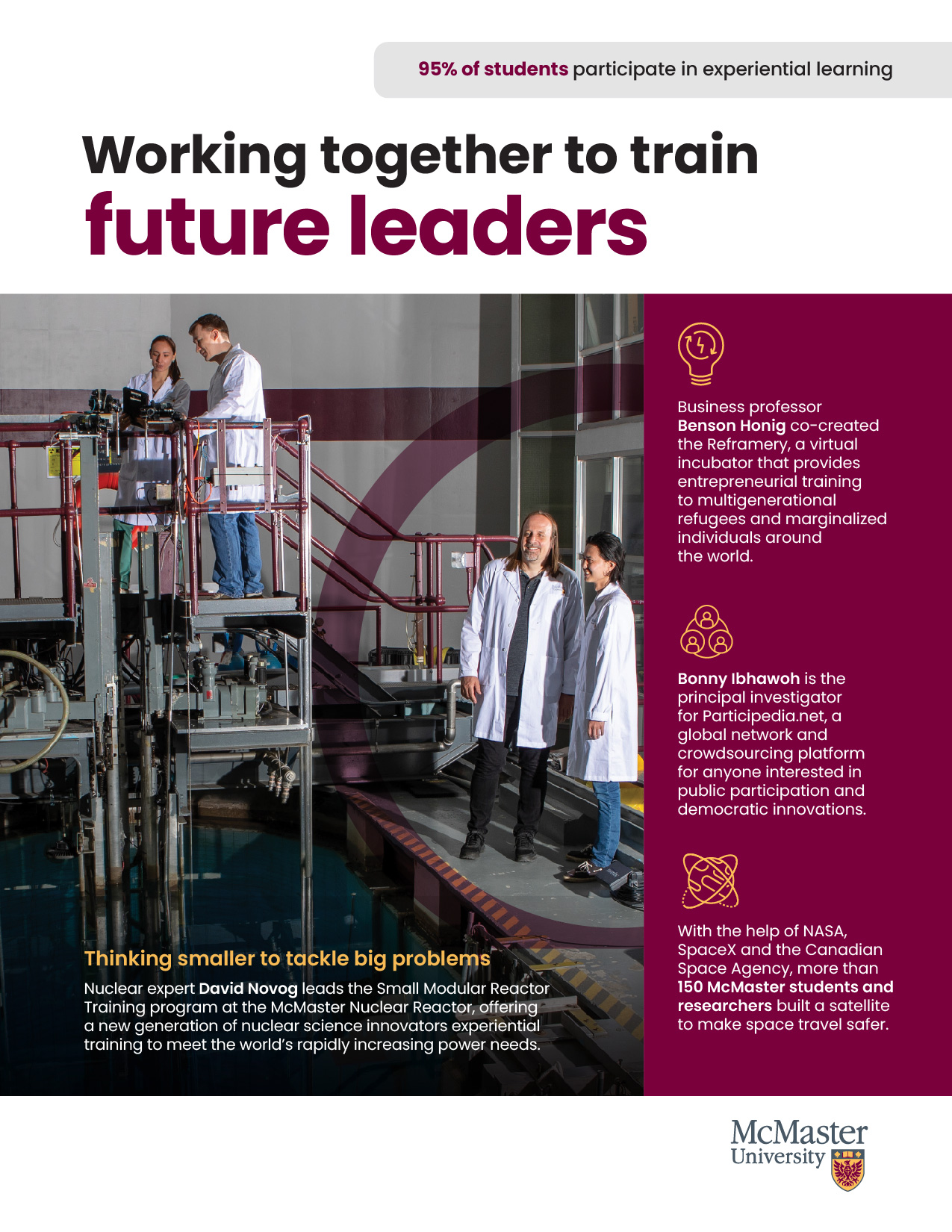 A graphic that shows the correct use of the circle element in a print product. A transparent maroon circle is placed over an image of students working in a nuclear reactor. 