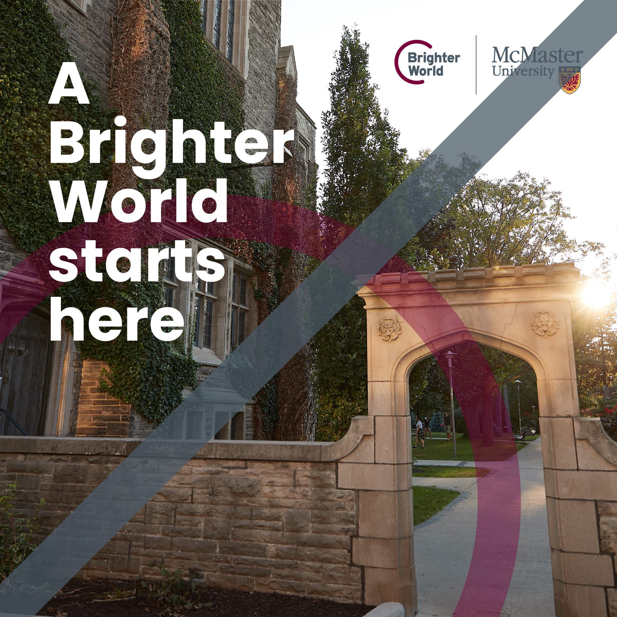 A graphic demonstrating an incorrect use of the circle element. A photo of the sun shining behind Edwards Arch on campus. A transparent maroon circle is placed around a wall and some of the text. The text reads "A brighter world starts here." There is a McMaster logo and a Brighter World logo in the top right hand corner. A solid grey line intersects the photo, indicating the circle is not positioned correctly on the image. 