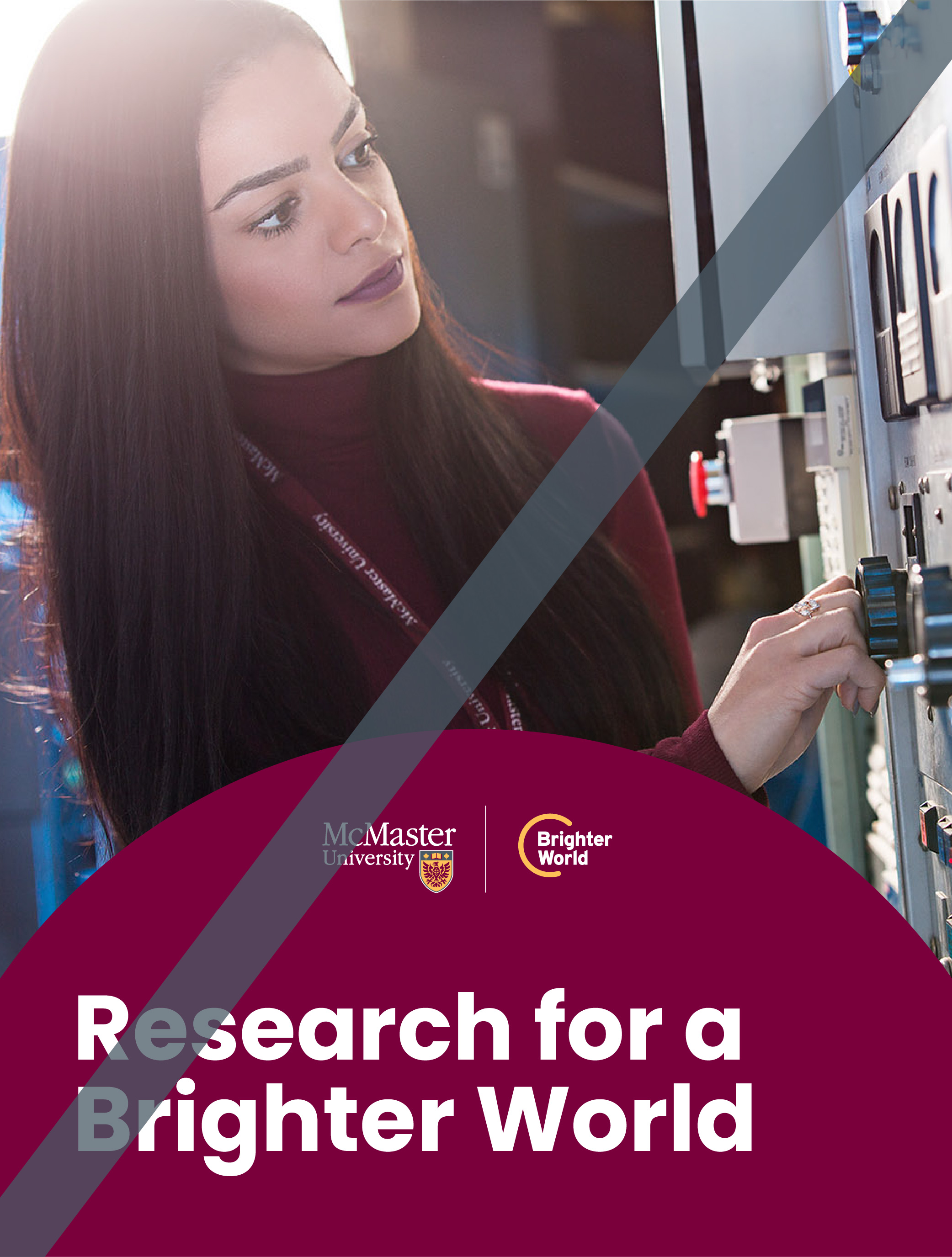 A graphic showing the incorrect use of the circle element. A photo of a student using dials on a machine. A solid, circular maroon background covers part of the photo. The text reads "Research for a brighter world." A solid grey line intersects the image, indicating that circles should not be used as containers for text.