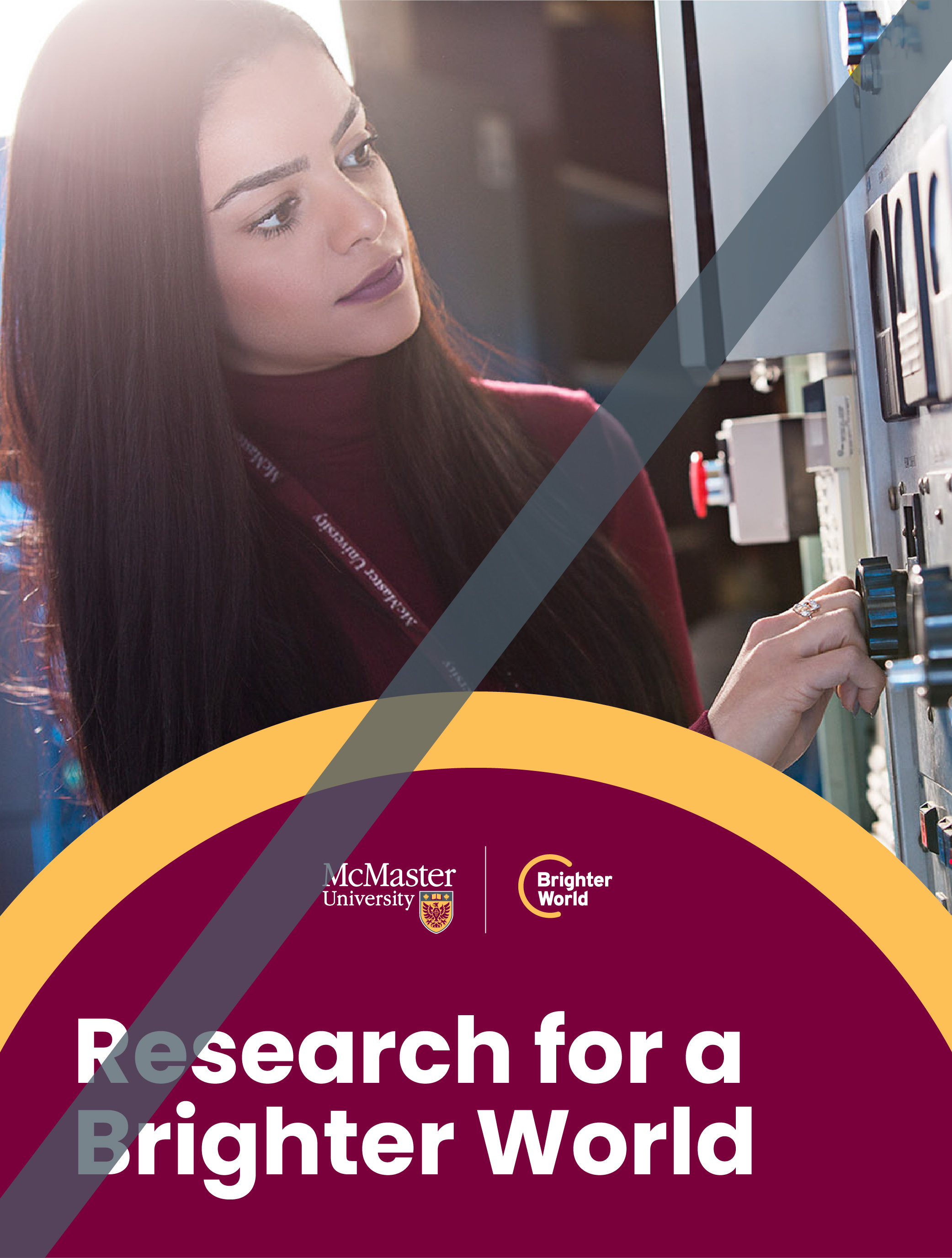 A graphic showing the incorrect use of the circle element. A photo of a student using dials on a machine. A solid, circular maroon background with a thick gold border covers part of the photo. The text reads "Research for a brighter world." A solid grey line intersects the image, indicating that circles should not be used as containers for text and should not be used as borders.