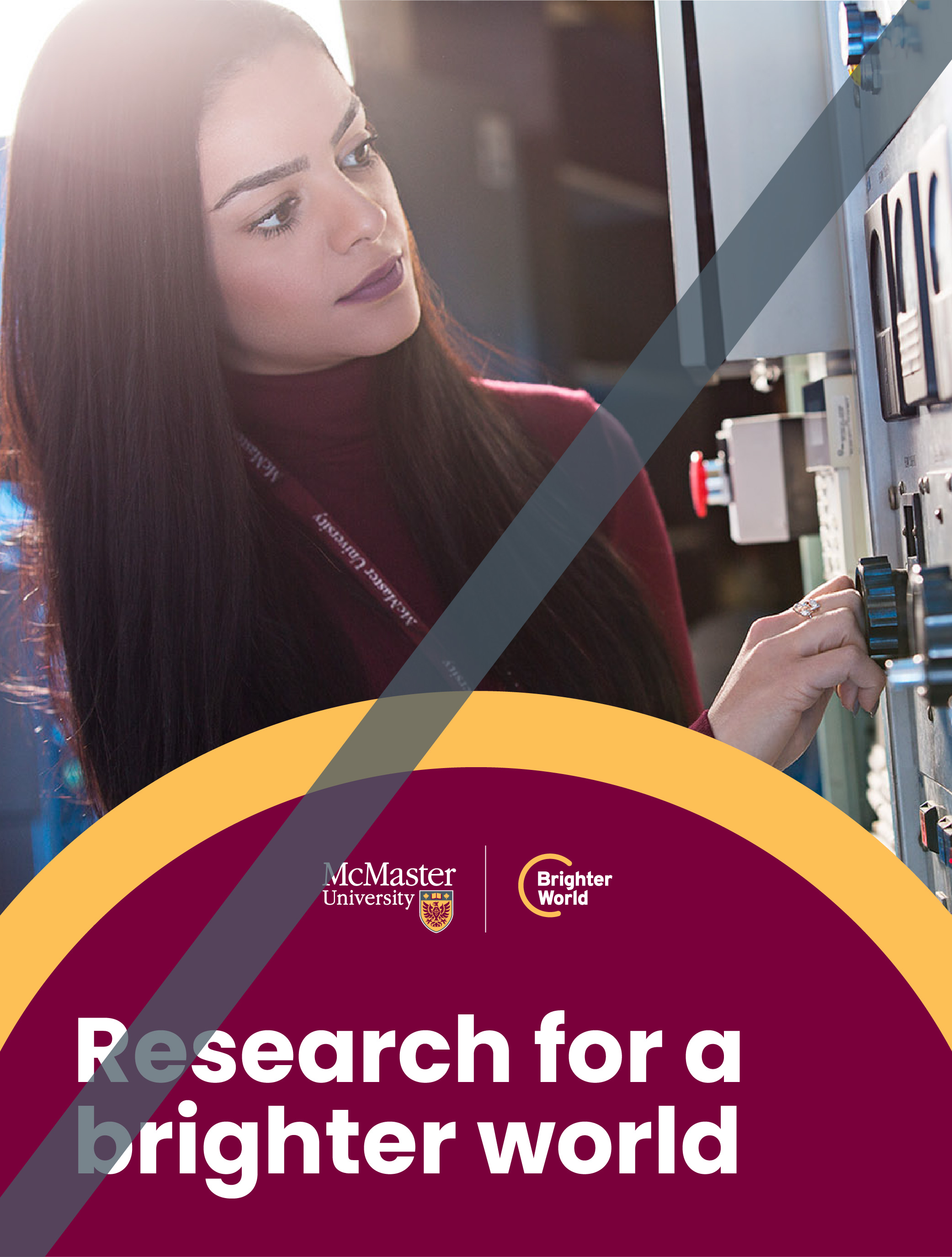 A graphic showing the incorrect use of the circle element. A photo of a student using dials on a machine. A solid, circular maroon background with a thick gold border covers part of the photo. The text reads "Research for a brighter world." A solid grey line intersects the image, indicating that circles should not be used as containers for text and should not be used as borders. 