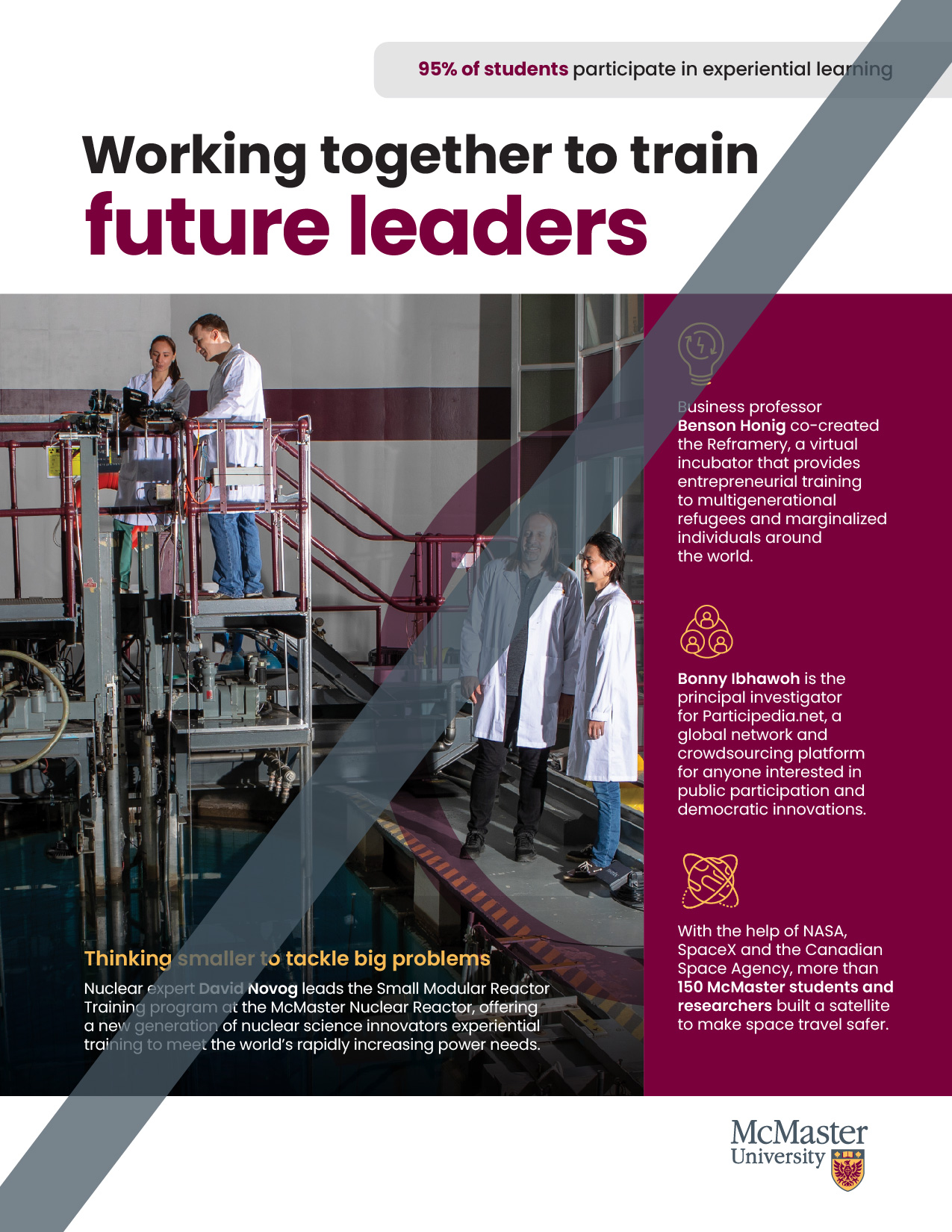 A graphic that shows the incorrect use of the circle element in a print product. A transparent maroon circle is placed over an image of students working in a nuclear reactor, but is placed too close to one of the researchers. A solid grey line intersects the image, indicating that the circle is too close to the students. 