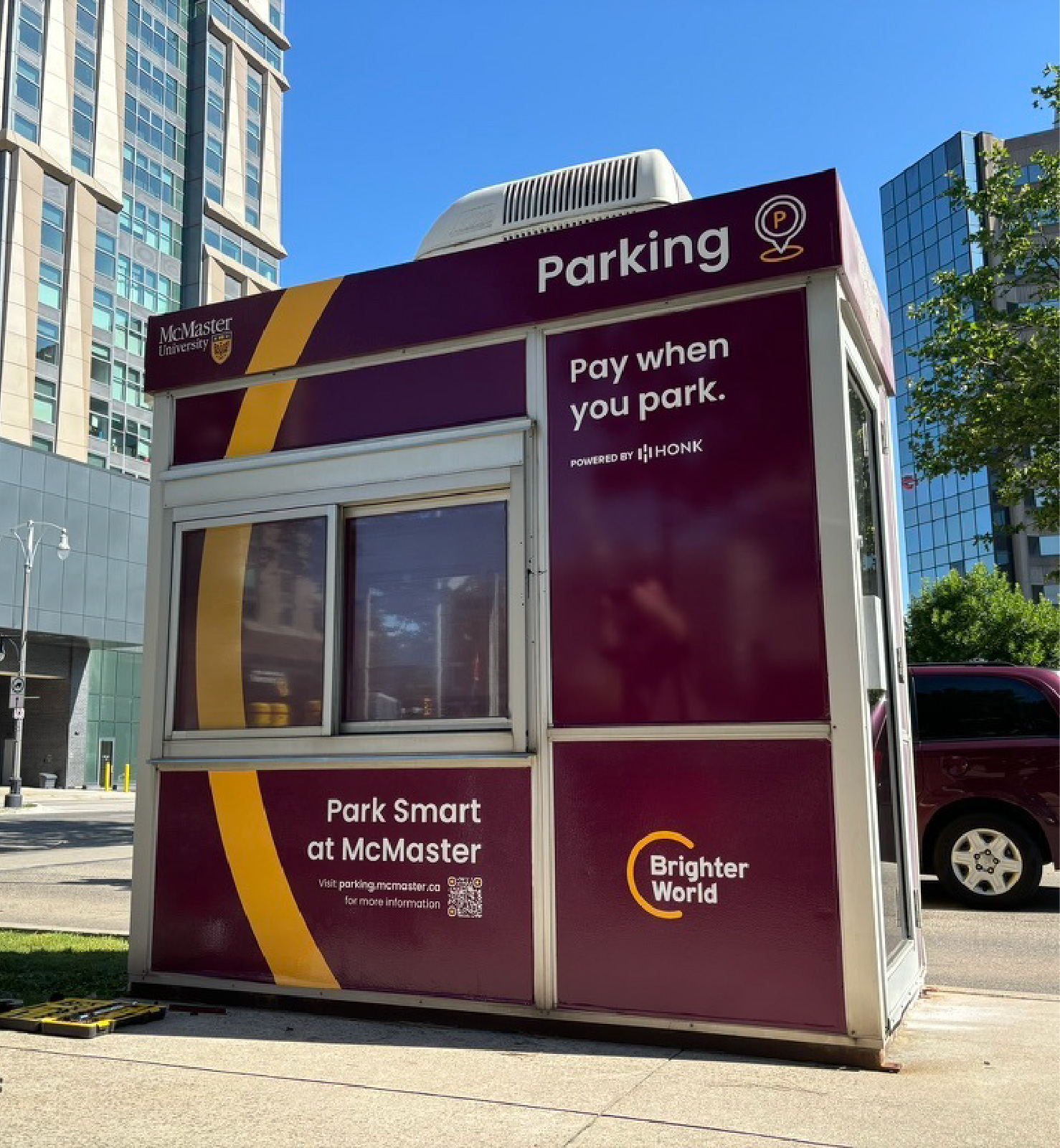 A photo of a parking pavilion off campus. 