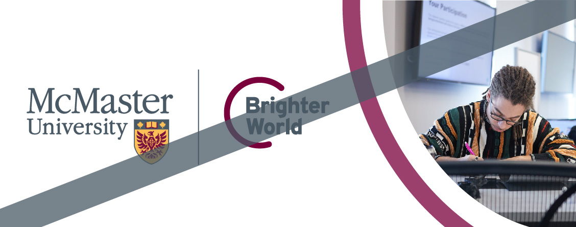 A graphic showing the incorrect use of the circle element. McMaster and Brighter World logos are placed on the left hand side of a white graphic. A photo of a student studying is cropped to fit inside a circle. A fully opaque maroon circle acts as a border for the photo. A solid grey line intersects the image, indicating that circles should not be used as containers for images. 