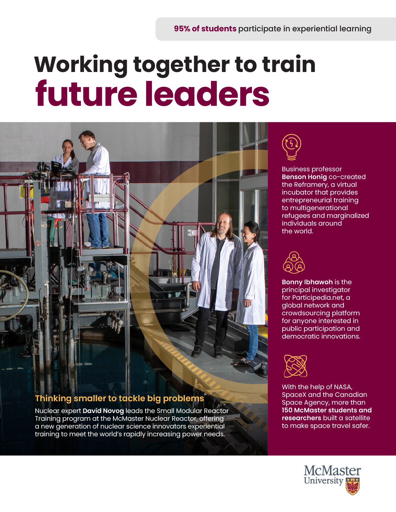 A visual example of a double page magazine spread. Three students and a professor learning in the nuclear reactor. A translucent gold circle highlights the professor and one student overtop of the image and stops at the edge of the solid maroon bar with white text and icons that runs down the left hand side of the page. The copy on the top of the page says "working together to train future leaders." In the bottom right, there is a McMaster logo.