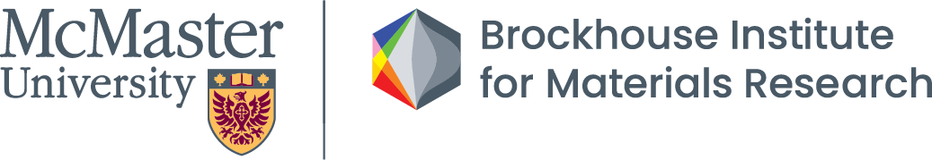 The logo for the Brockhouse Institute for Materials Research. The McMaster logo and shield is on the left, and the secondary mark for the Brockhouse Institute, along with its name, is on the right, divided by a vertical grey line. 