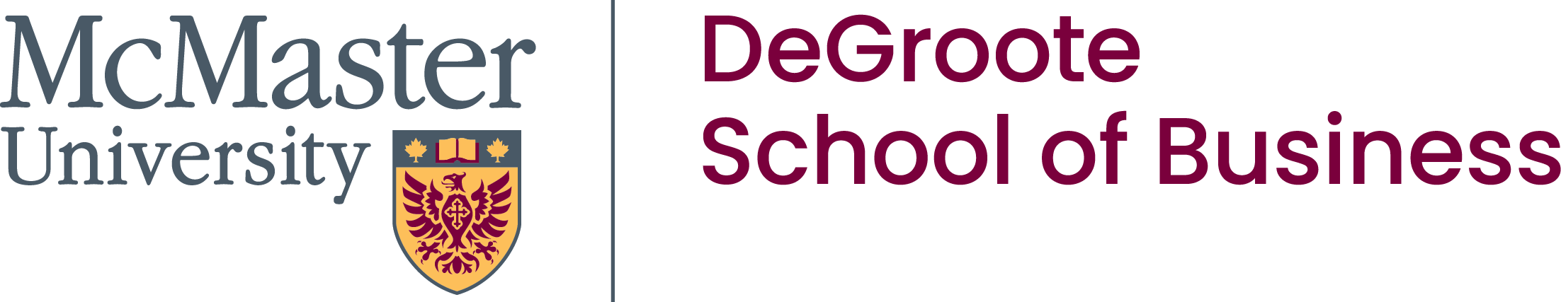 A logo for the DeGroote School of Business. The McMaster logo and shield are on the left and DeGroote is on the right, divided by a vertical grey line.